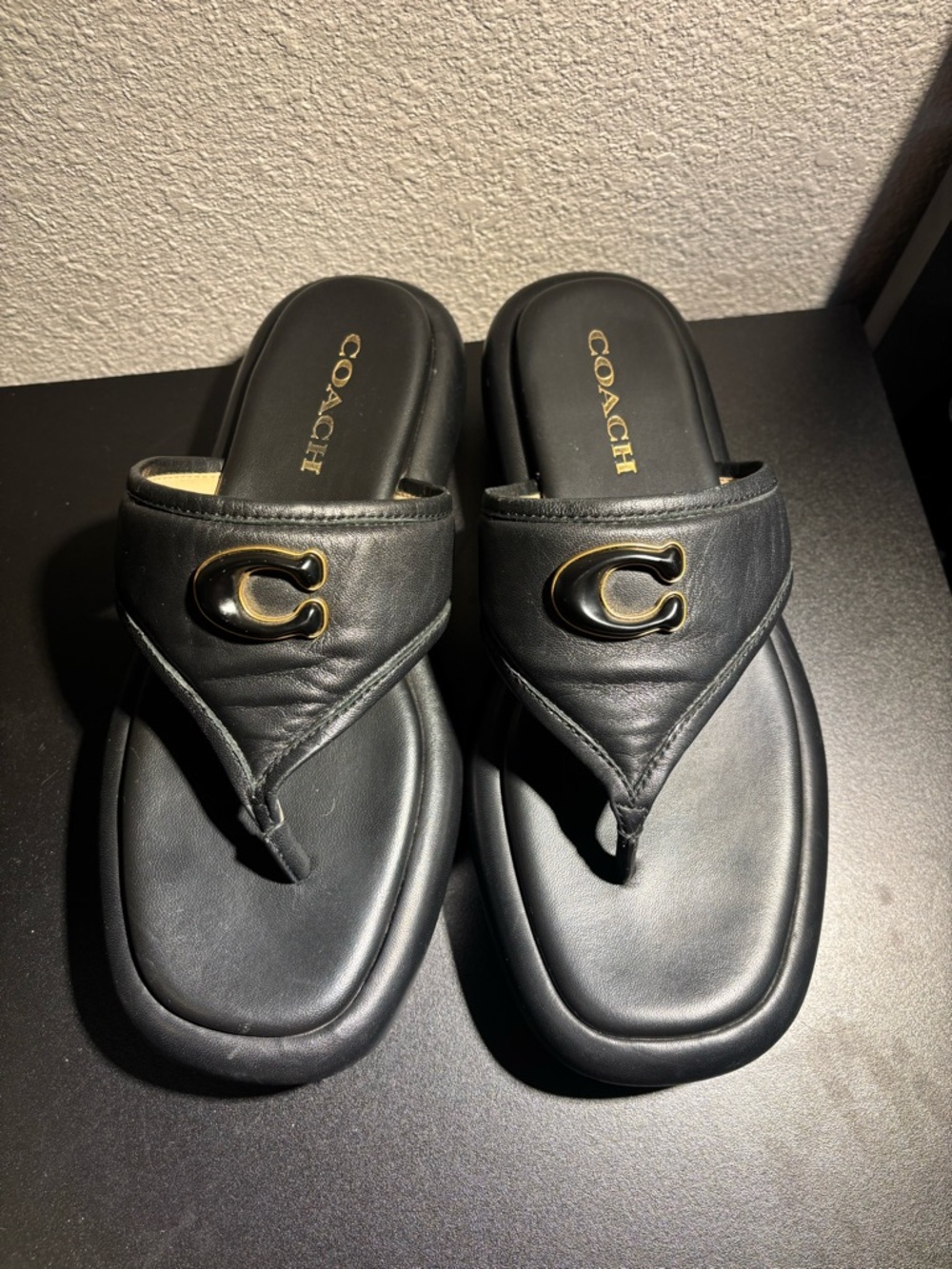 Coach Black Leather Thong Sandals with Gold C Emblem